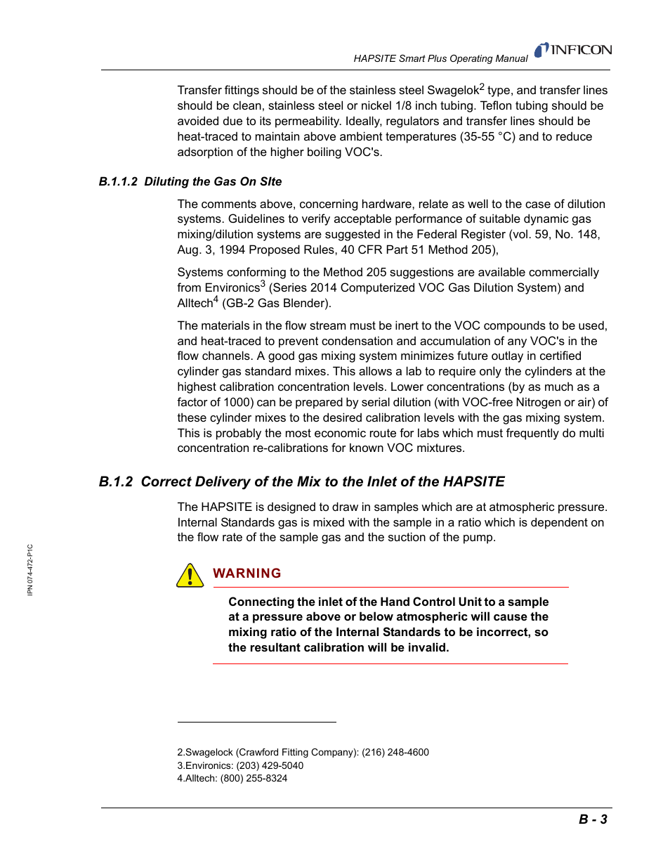 B.1.1.2 diluting the gas on site, B.1.1.2, B.1.2 | Section b.1.2 on, B - 3, Warning | INFICON HAPSITE Smart Plus Chemical Identification System User Manual | Page 573 / 586