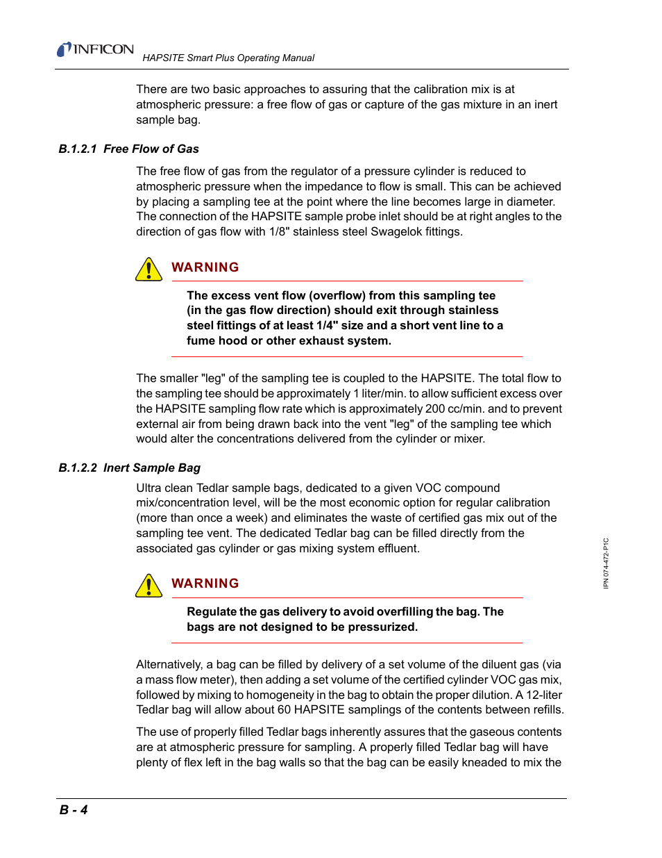 B.1.2.1 free flow of gas, B.1.2.2 inert sample bag, B.1.2.1 | B.1.2.2 | INFICON HAPSITE Smart Plus Chemical Identification System User Manual | Page 574 / 586