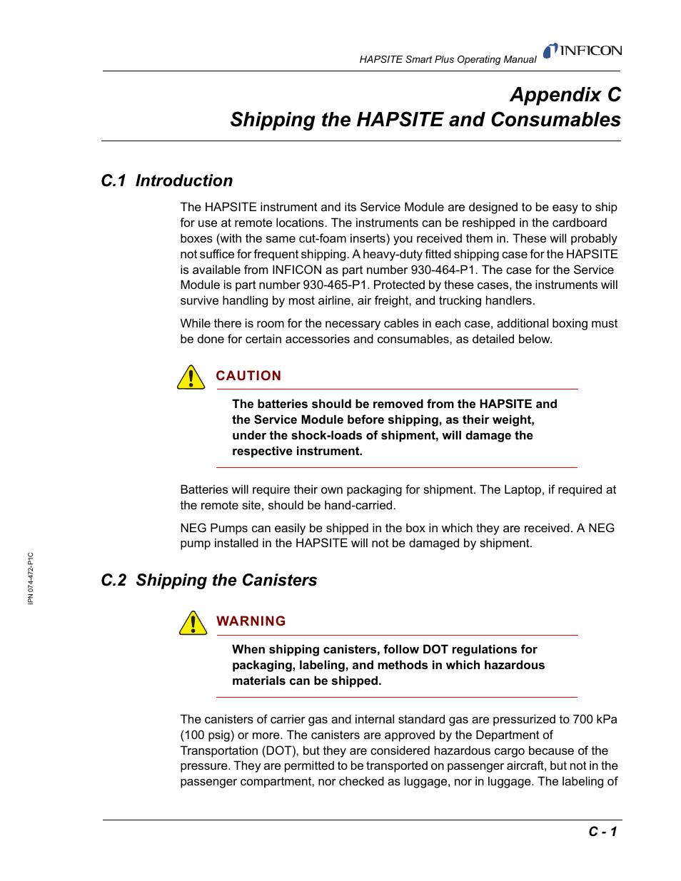 Appendix c shipping the hapsite and consumables, C.1 introduction, C.2 shipping the canisters | Appendix c | INFICON HAPSITE Smart Plus Chemical Identification System User Manual | Page 577 / 586