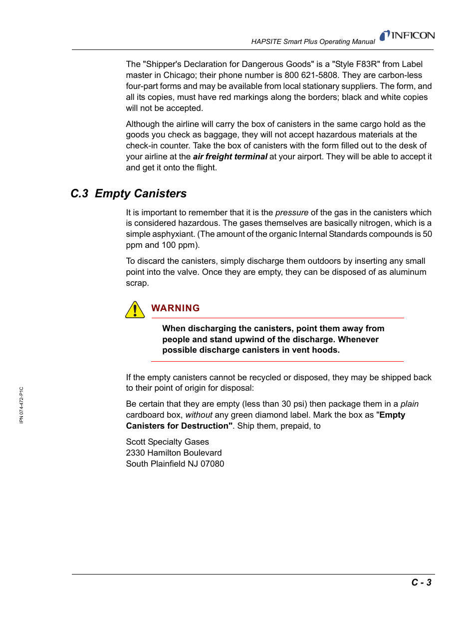 C.3 empty canisters, C - 3, Warning | INFICON HAPSITE Smart Plus Chemical Identification System User Manual | Page 579 / 586