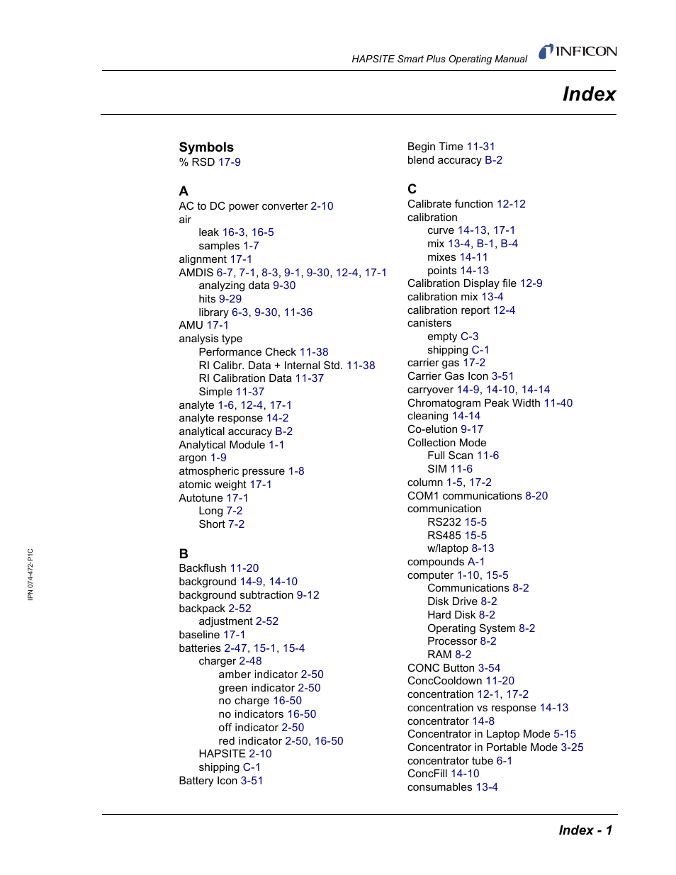 Index | INFICON HAPSITE Smart Plus Chemical Identification System User Manual | Page 581 / 586