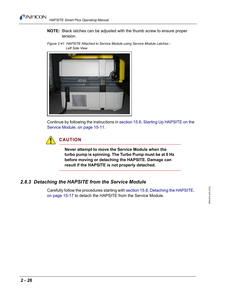 3 detaching the hapsite from the service module | INFICON HAPSITE Smart Plus Chemical Identification System User Manual | Page 64 / 586