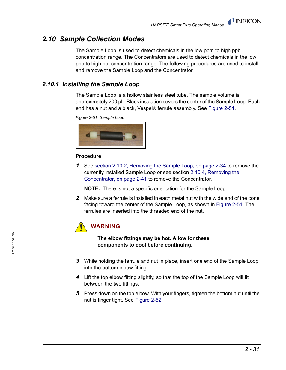 10 sample collection modes, 1 installing the sample loop | INFICON HAPSITE Smart Plus Chemical Identification System User Manual | Page 69 / 586