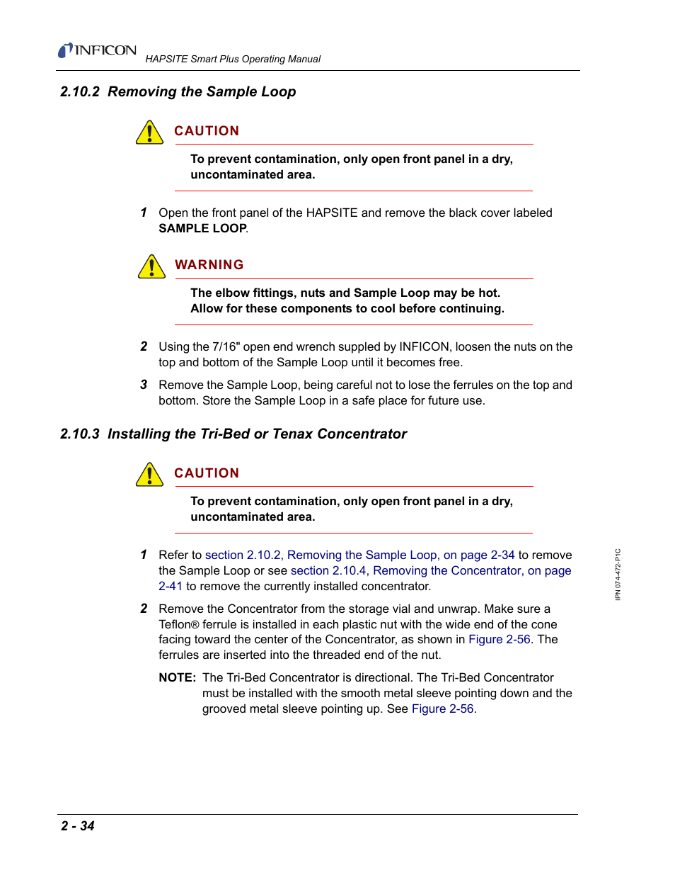 2 removing the sample loop, 3 installing the tri-bed or tenax concentrator | INFICON HAPSITE Smart Plus Chemical Identification System User Manual | Page 72 / 586