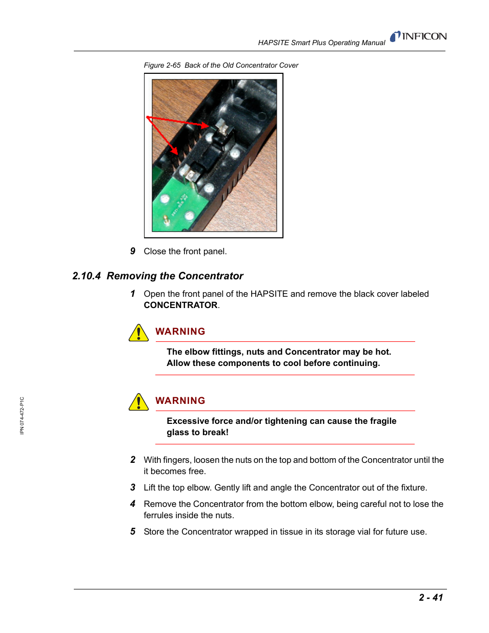 4 removing the concentrator, Section, 4, removing the | To re, P or see, To remove the current | INFICON HAPSITE Smart Plus Chemical Identification System User Manual | Page 79 / 586