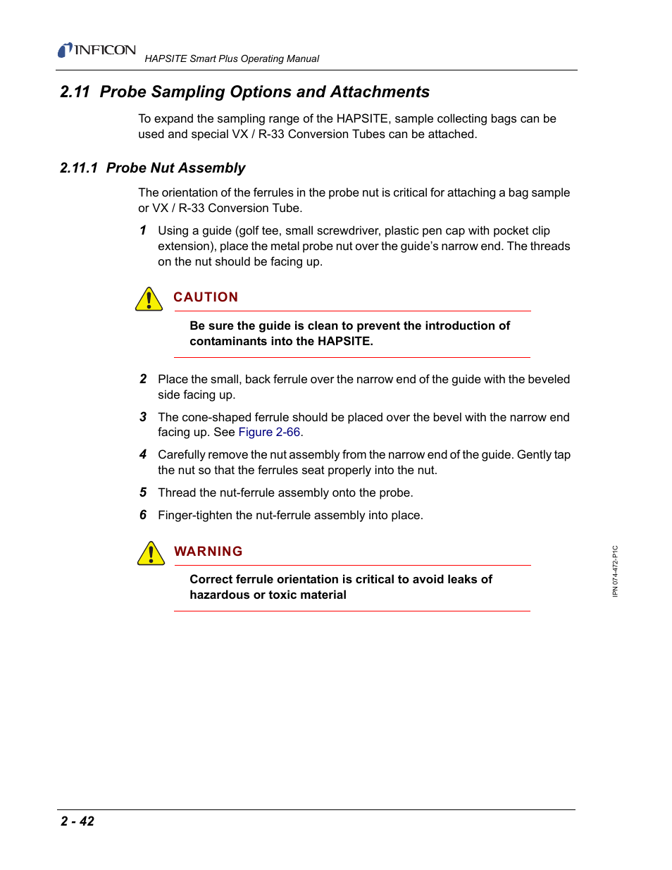 11 probe sampling options and attachments, 1 probe nut assembly | INFICON HAPSITE Smart Plus Chemical Identification System User Manual | Page 80 / 586