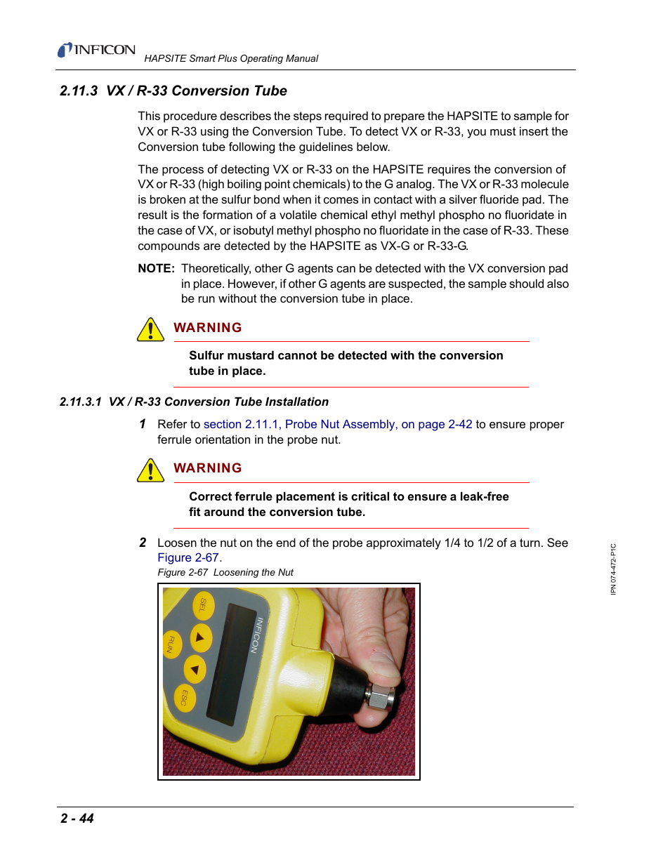 3 vx / r-33 conversion tube, 1 vx / r-33 conversion tube installation | INFICON HAPSITE Smart Plus Chemical Identification System User Manual | Page 82 / 586