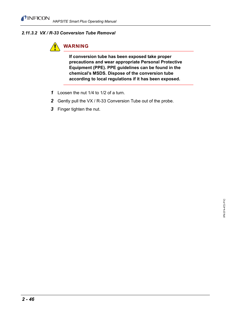 2 vx / r-33 conversion tube removal, Warning | INFICON HAPSITE Smart Plus Chemical Identification System User Manual | Page 84 / 586