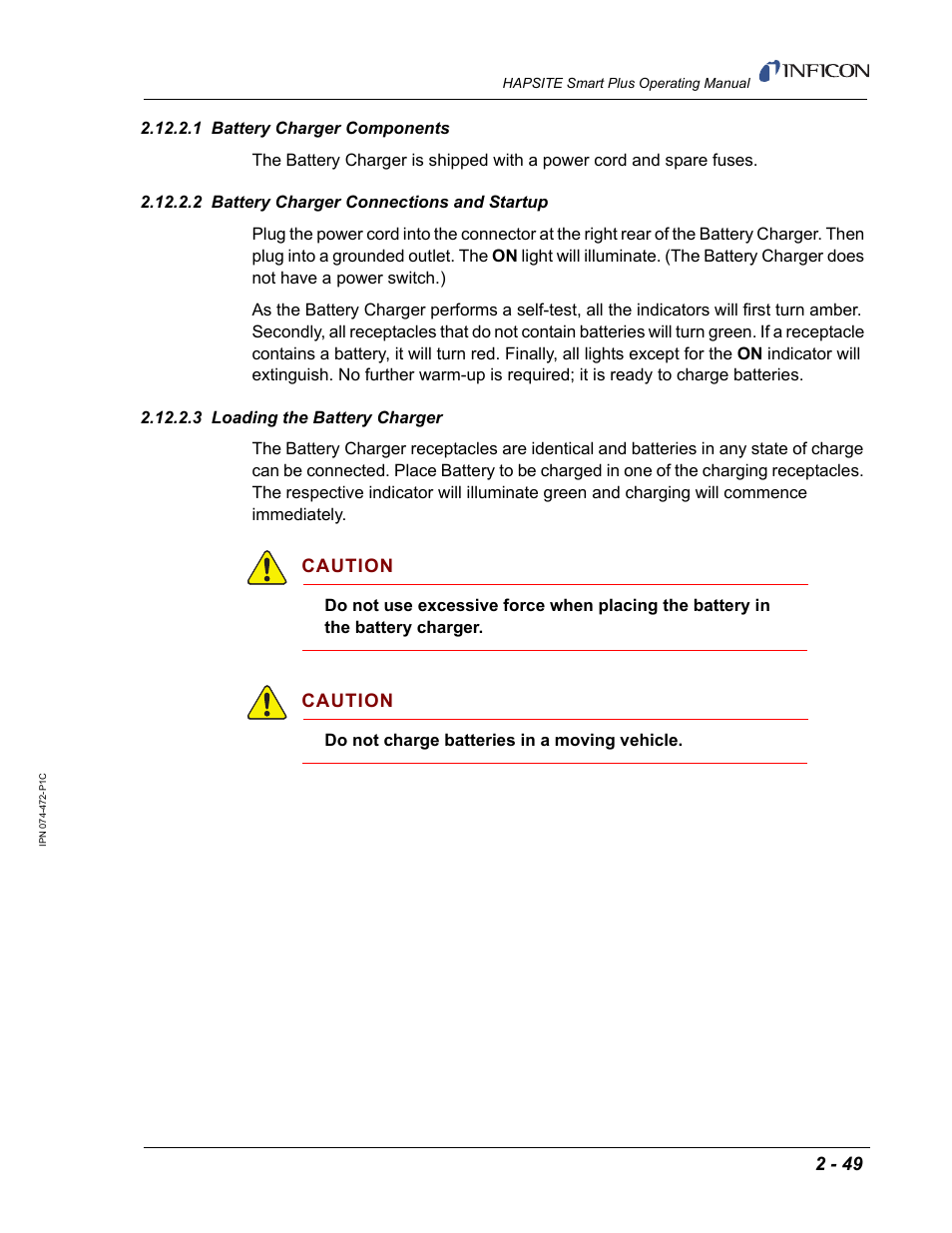 1 battery charger components, 2 battery charger connections and startup, 3 loading the battery charger | Caution | INFICON HAPSITE Smart Plus Chemical Identification System User Manual | Page 87 / 586