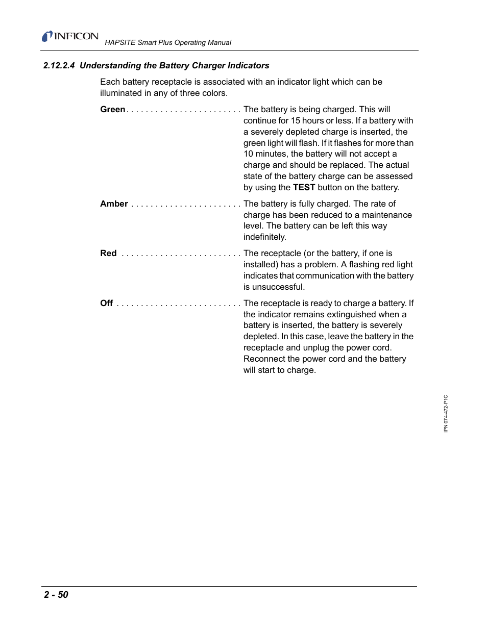 4 understanding the battery charger indicators | INFICON HAPSITE Smart Plus Chemical Identification System User Manual | Page 88 / 586