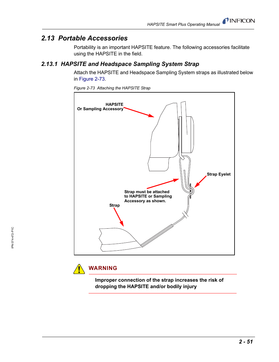 13 portable accessories, 1 hapsite and headspace sampling system strap, Warning | INFICON HAPSITE Smart Plus Chemical Identification System User Manual | Page 89 / 586