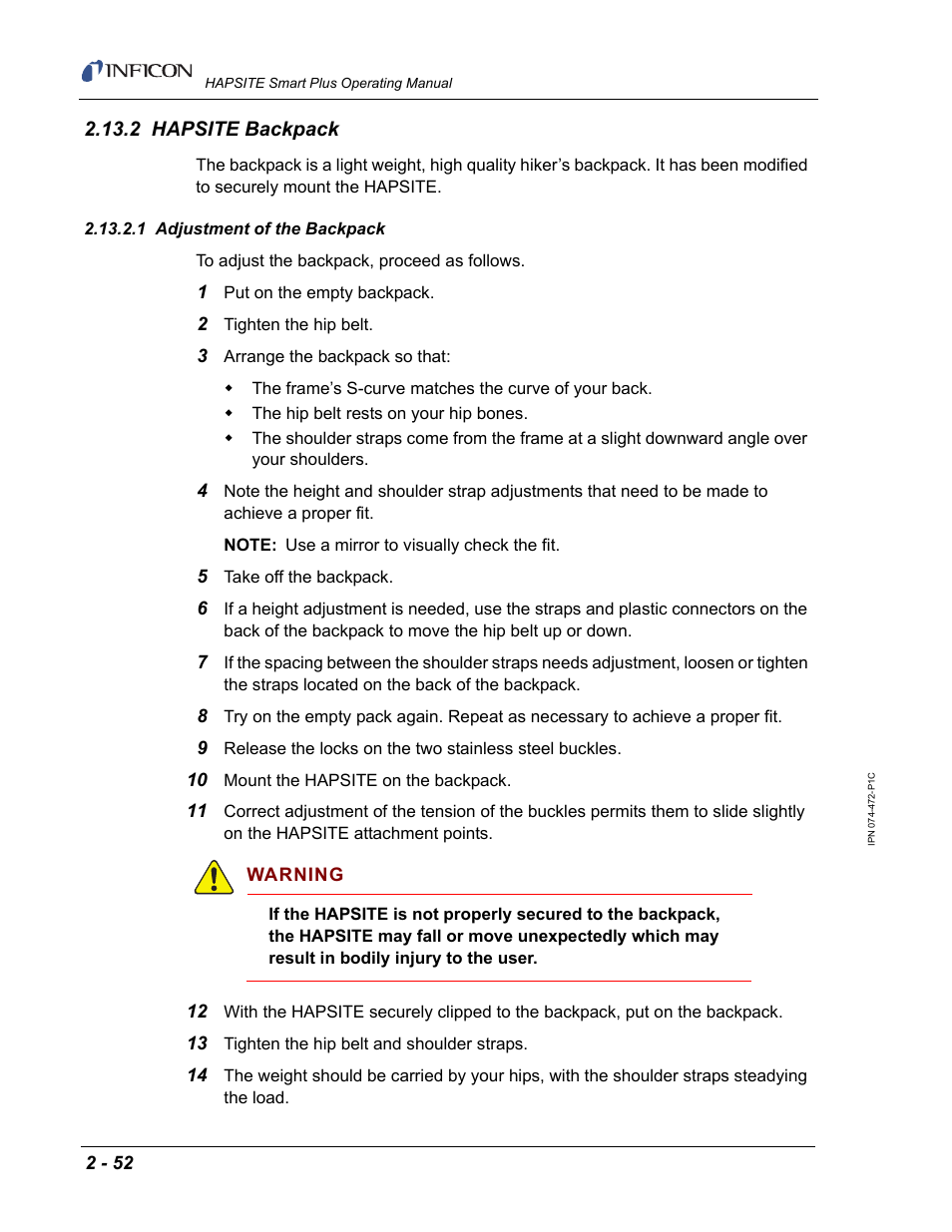 2 hapsite backpack, 1 adjustment of the backpack | INFICON HAPSITE Smart Plus Chemical Identification System User Manual | Page 90 / 586