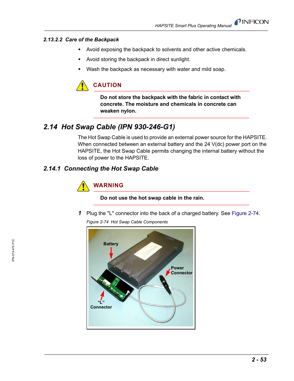 2 care of the backpack, 14 hot swap cable (ipn 930-246-g1), 1 connecting the hot swap cable | INFICON HAPSITE Smart Plus Chemical Identification System User Manual | Page 91 / 586