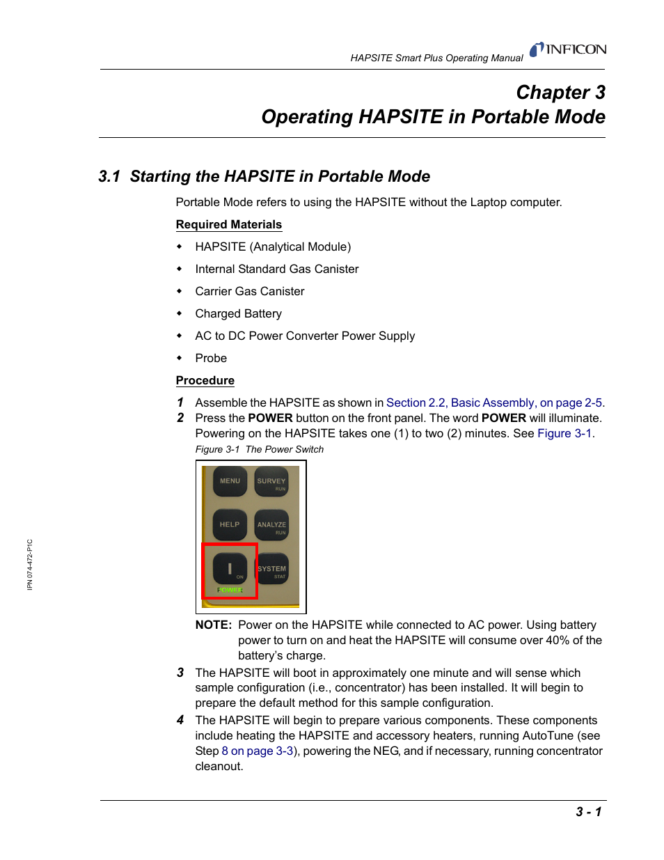 Chapter 3 operating hapsite in portable mode, 1 starting the hapsite in portable mode, Chapter 3 | INFICON HAPSITE Smart Plus Chemical Identification System User Manual | Page 95 / 586