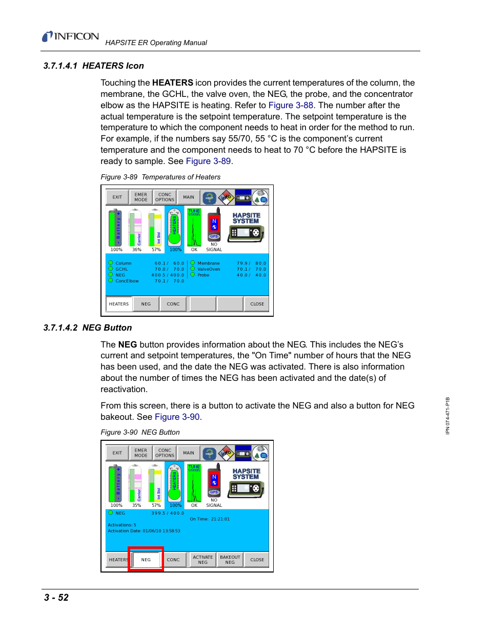 1 heaters icon, 2 neg button | INFICON HAPSITE ER Chemical Identification System User Manual | Page 136 / 560