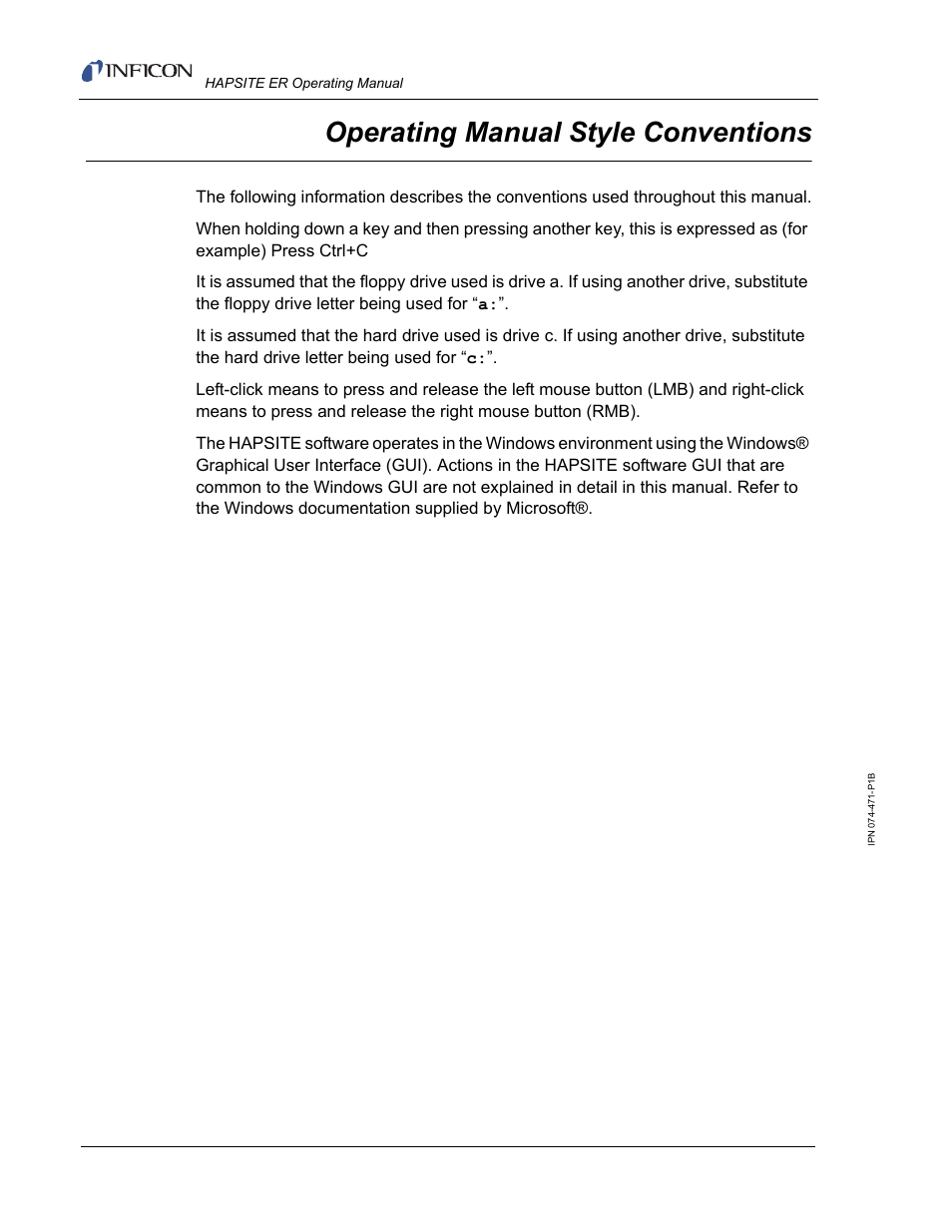 Operating manual sytle conventions, Operating manual style conventions | INFICON HAPSITE ER Chemical Identification System User Manual | Page 14 / 560