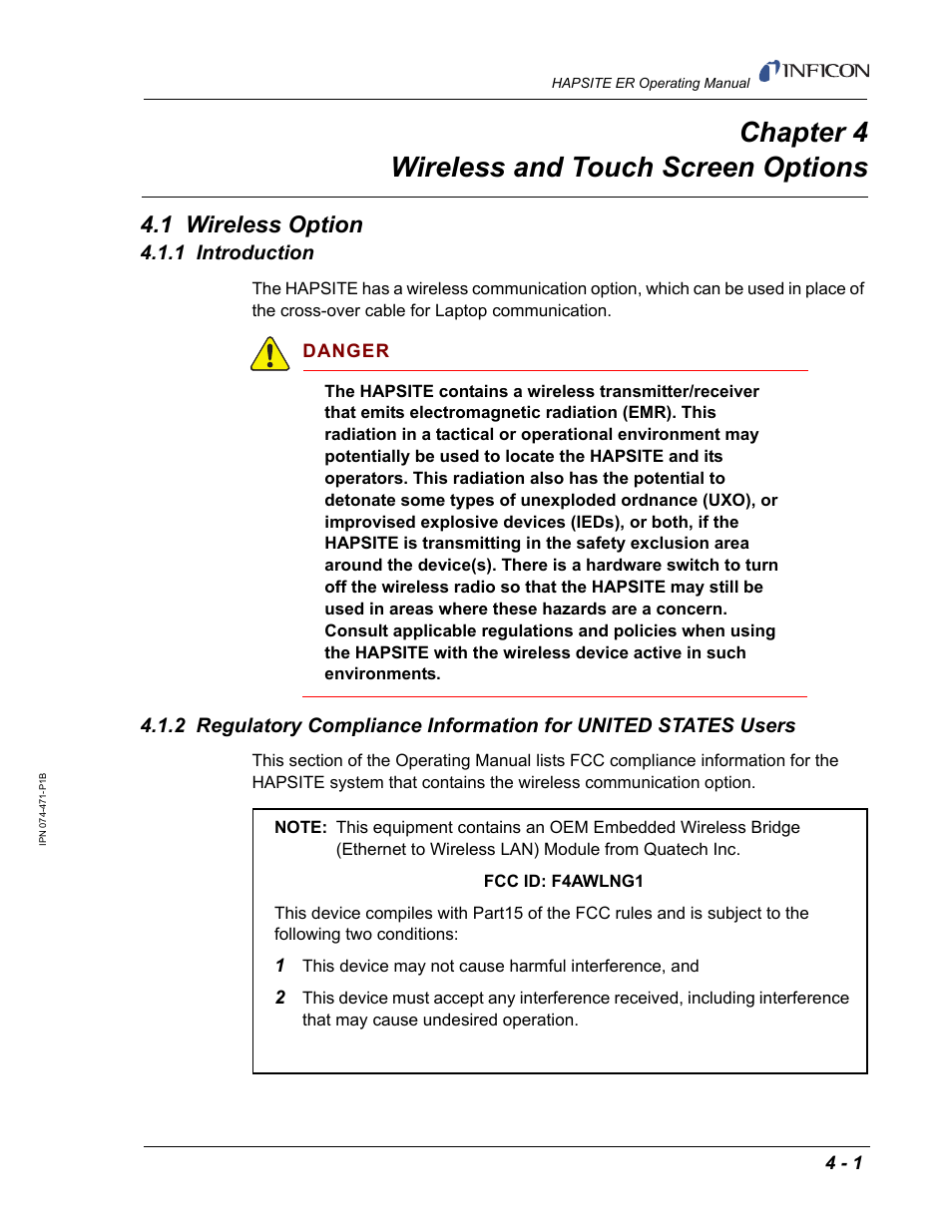 Chapter 4 wireless and touch screen options, 1 wireless option, 1 introduction | Chapter 4 | INFICON HAPSITE ER Chemical Identification System User Manual | Page 161 / 560