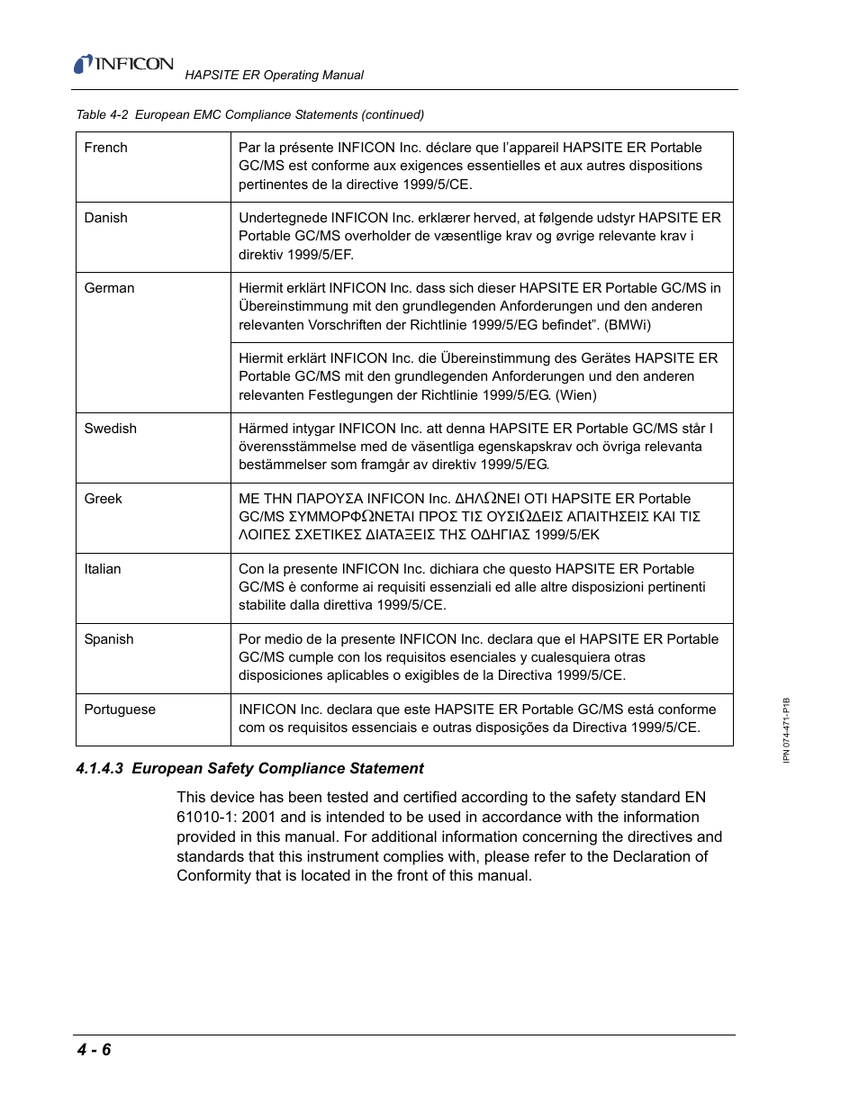 3 european safety compliance statement | INFICON HAPSITE ER Chemical Identification System User Manual | Page 166 / 560