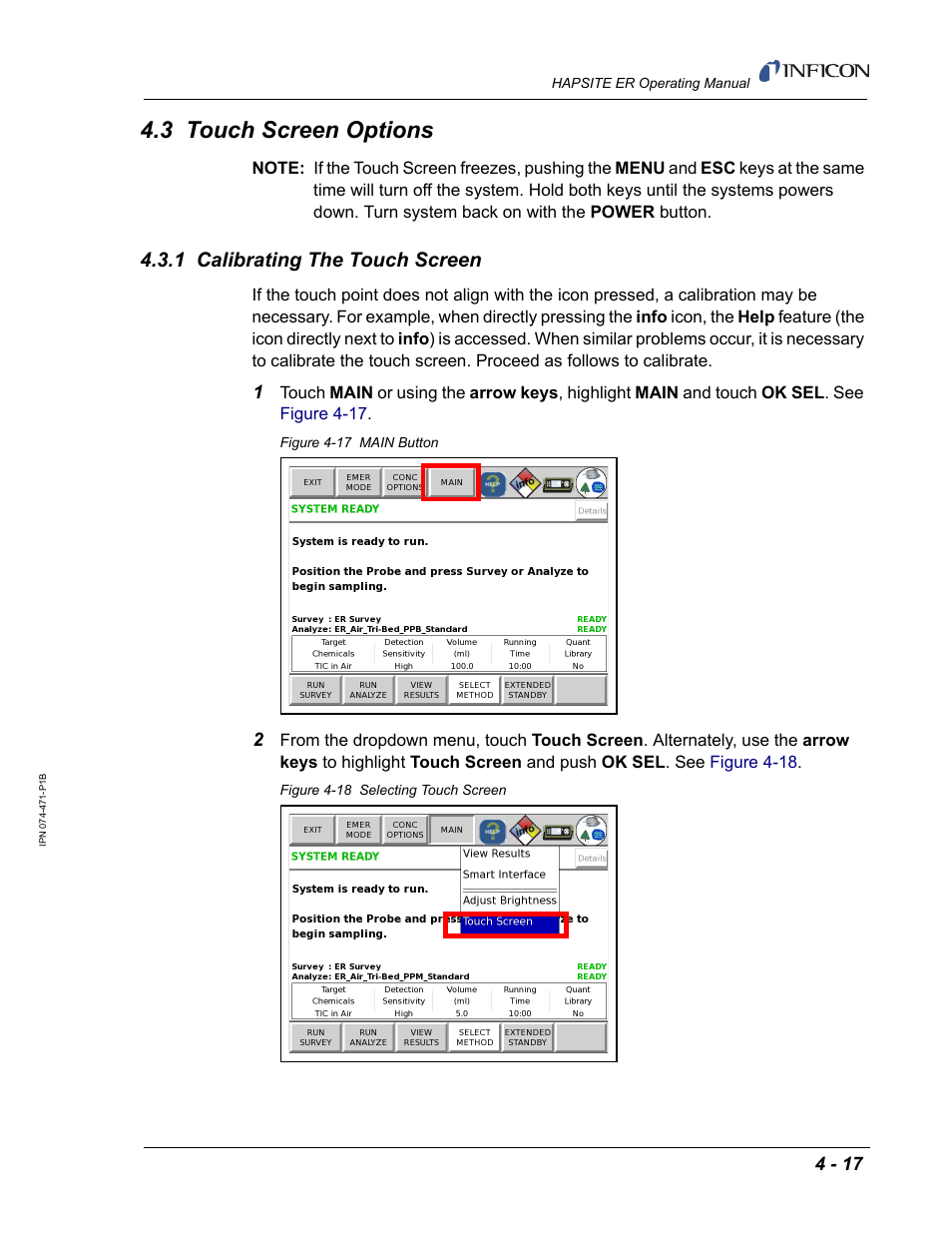 3 touch screen options, 1 calibrating the touch screen | INFICON HAPSITE ER Chemical Identification System User Manual | Page 177 / 560