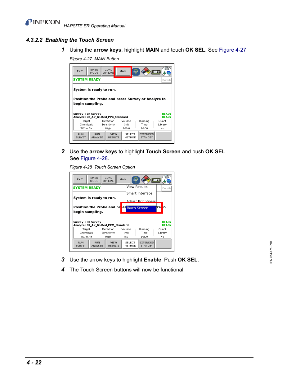 2 enabling the touch screen | INFICON HAPSITE ER Chemical Identification System User Manual | Page 182 / 560