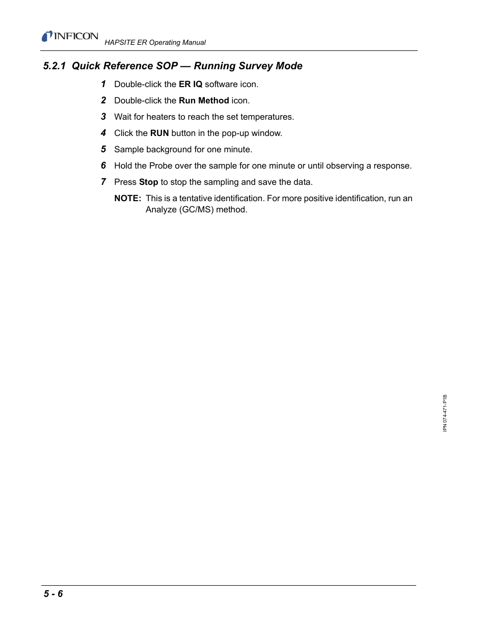 1 quick reference sop — running survey mode | INFICON HAPSITE ER Chemical Identification System User Manual | Page 200 / 560