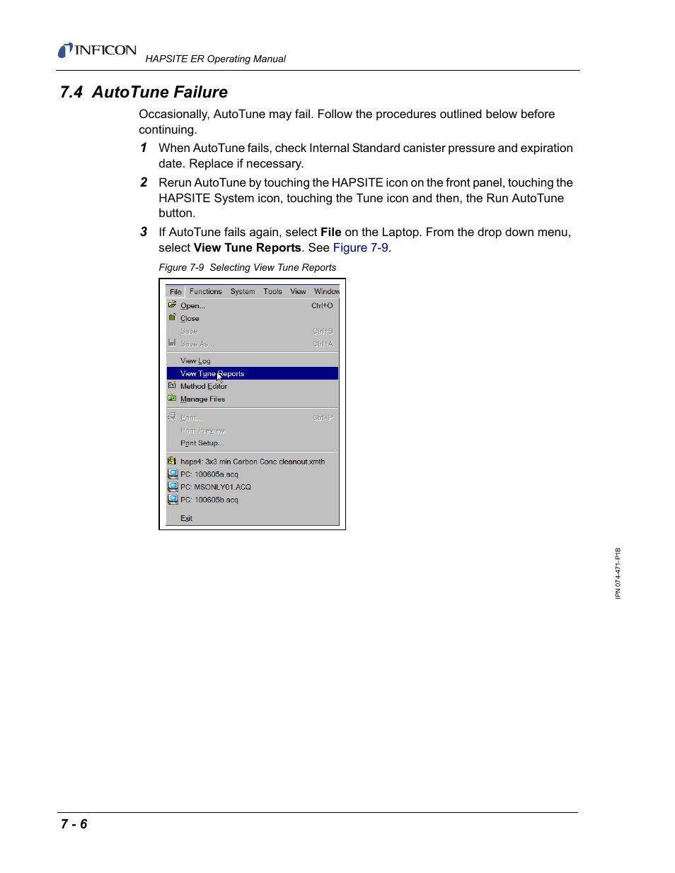 4 autotune failure, Section 7.4, autotune failure, on | INFICON HAPSITE ER Chemical Identification System User Manual | Page 232 / 560