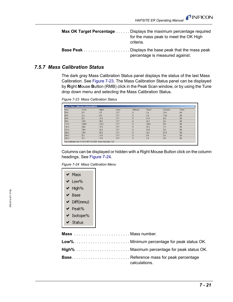 7 mass calibration status | INFICON HAPSITE ER Chemical Identification System User Manual | Page 247 / 560