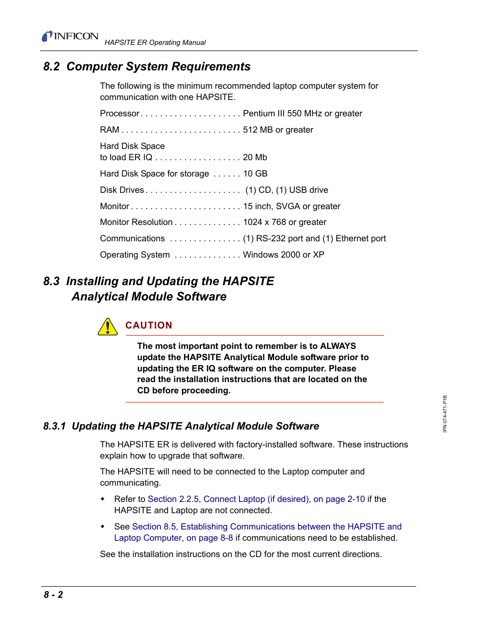 2 computer system requirements, 1 updating the hapsite analytical module software | INFICON HAPSITE ER Chemical Identification System User Manual | Page 262 / 560