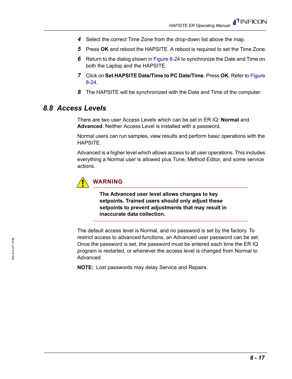 8 access levels | INFICON HAPSITE ER Chemical Identification System User Manual | Page 277 / 560