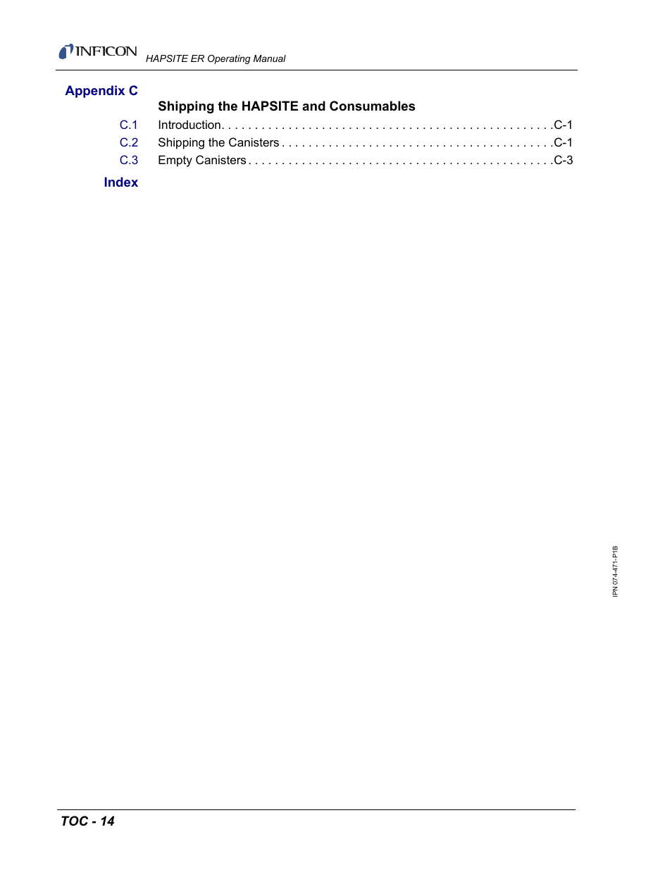 Toc - 14, Appendix c shipping the hapsite and consumables, Index | INFICON HAPSITE ER Chemical Identification System User Manual | Page 28 / 560
