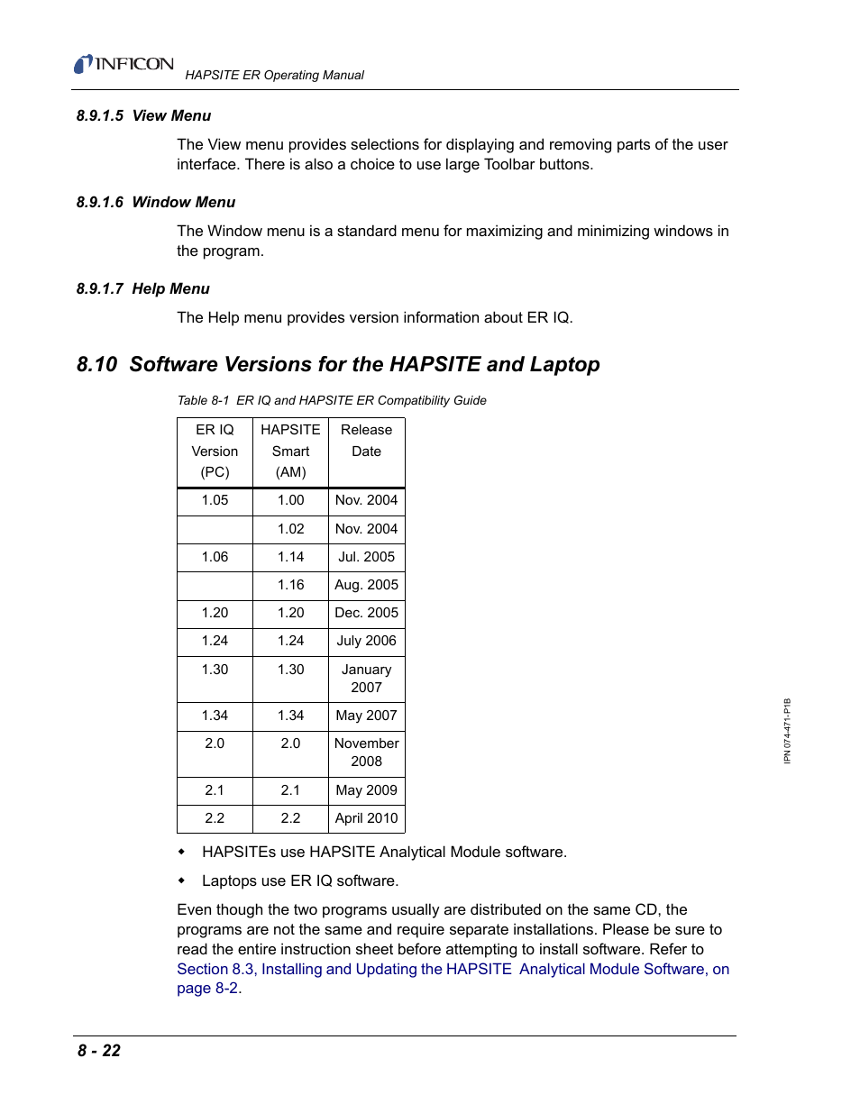 5 view menu, 6 window menu, 7 help menu | 10 software versions for the hapsite and laptop | INFICON HAPSITE ER Chemical Identification System User Manual | Page 282 / 560