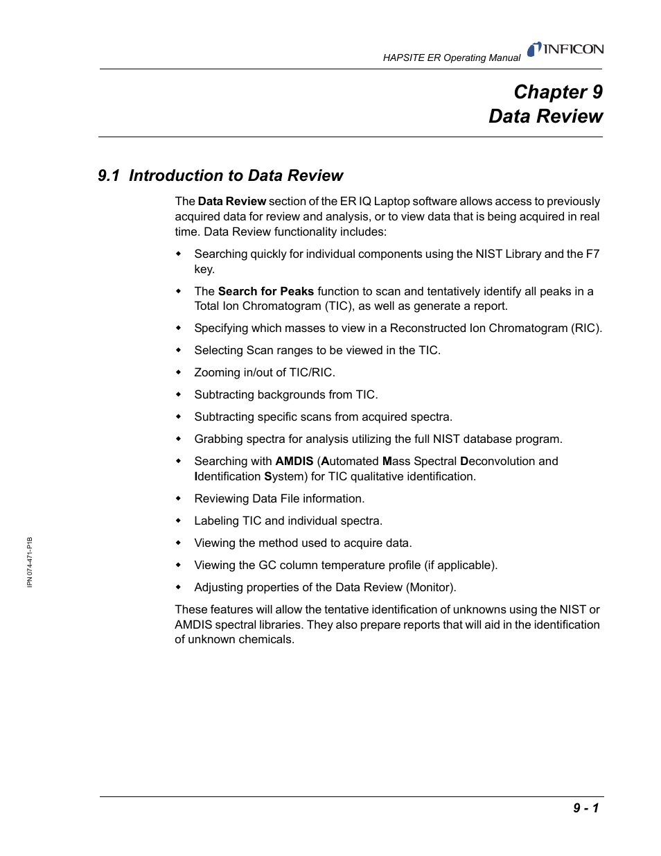 Chapter 9 data review, 1 introduction to data review, Chapter 9 | Data review, Chapter 9, data review | INFICON HAPSITE ER Chemical Identification System User Manual | Page 287 / 560