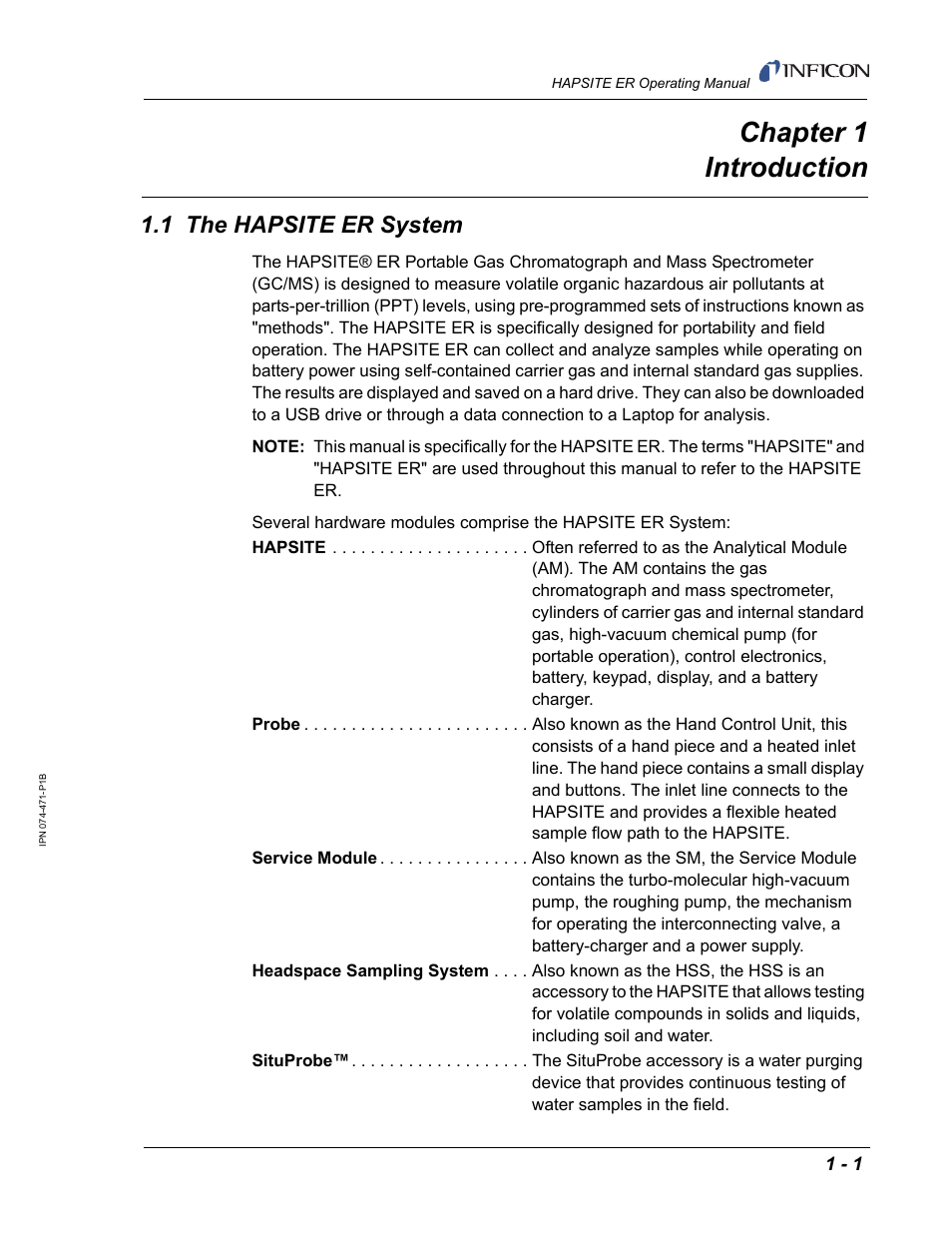 Chapter 1 introduction, 1 the hapsite er system, Chapter 1 | INFICON HAPSITE ER Chemical Identification System User Manual | Page 29 / 560