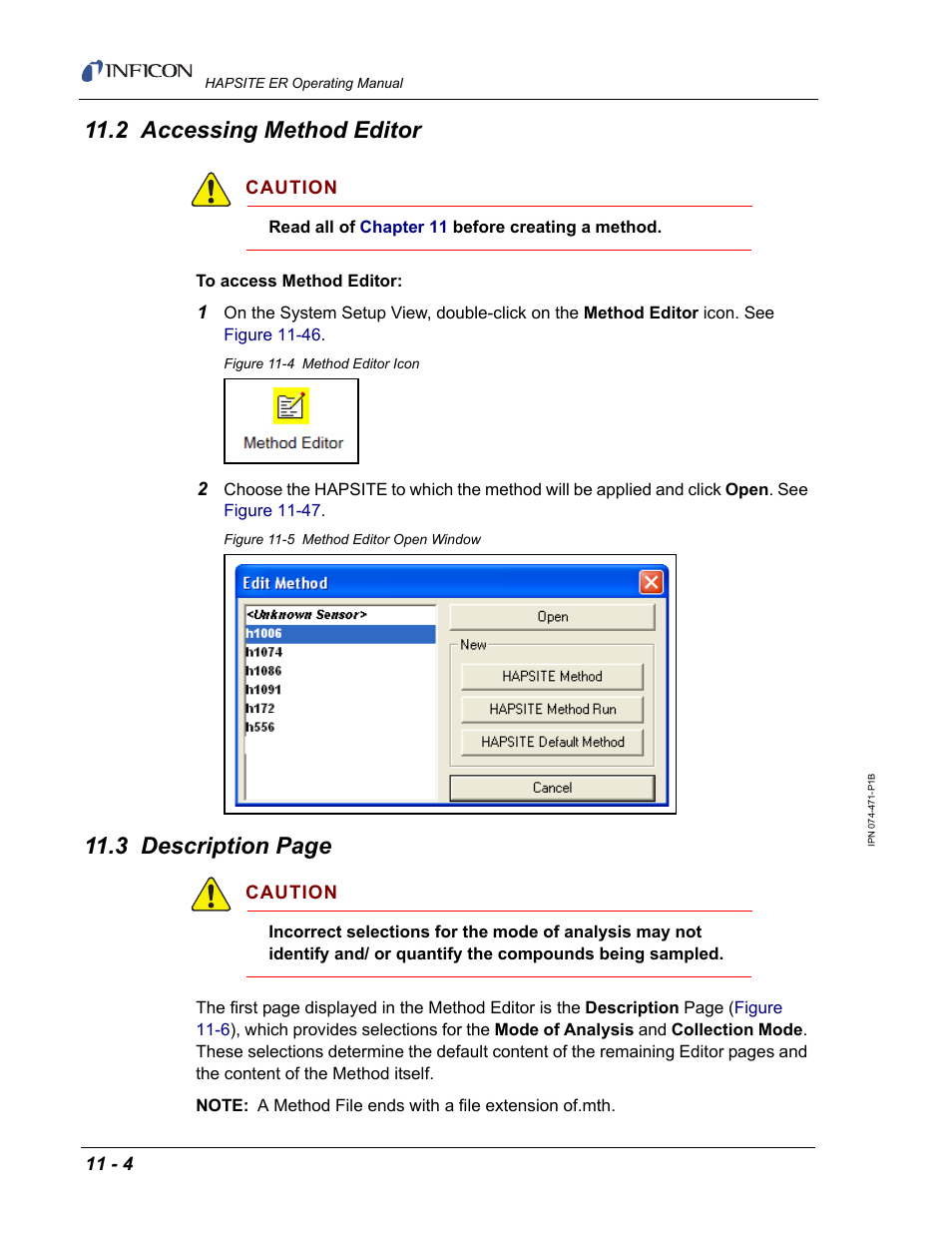 2 accessing method editor, Both, Section 11.2 | Section 11.3, 3 description page | INFICON HAPSITE ER Chemical Identification System User Manual | Page 342 / 560