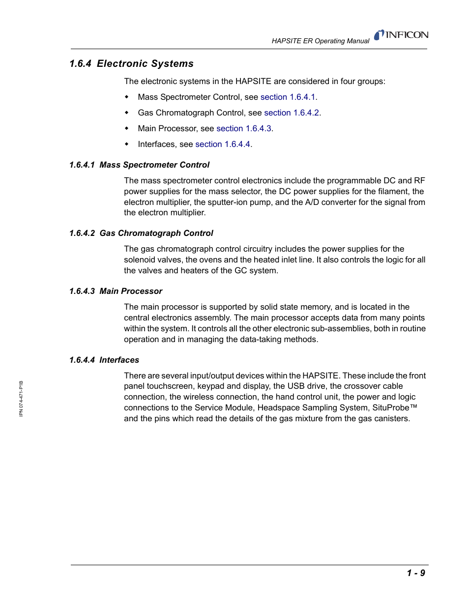 4 electronic systems, 1 mass spectrometer control, 2 gas chromatograph control | 3 main processor, 4 interfaces | INFICON HAPSITE ER Chemical Identification System User Manual | Page 37 / 560