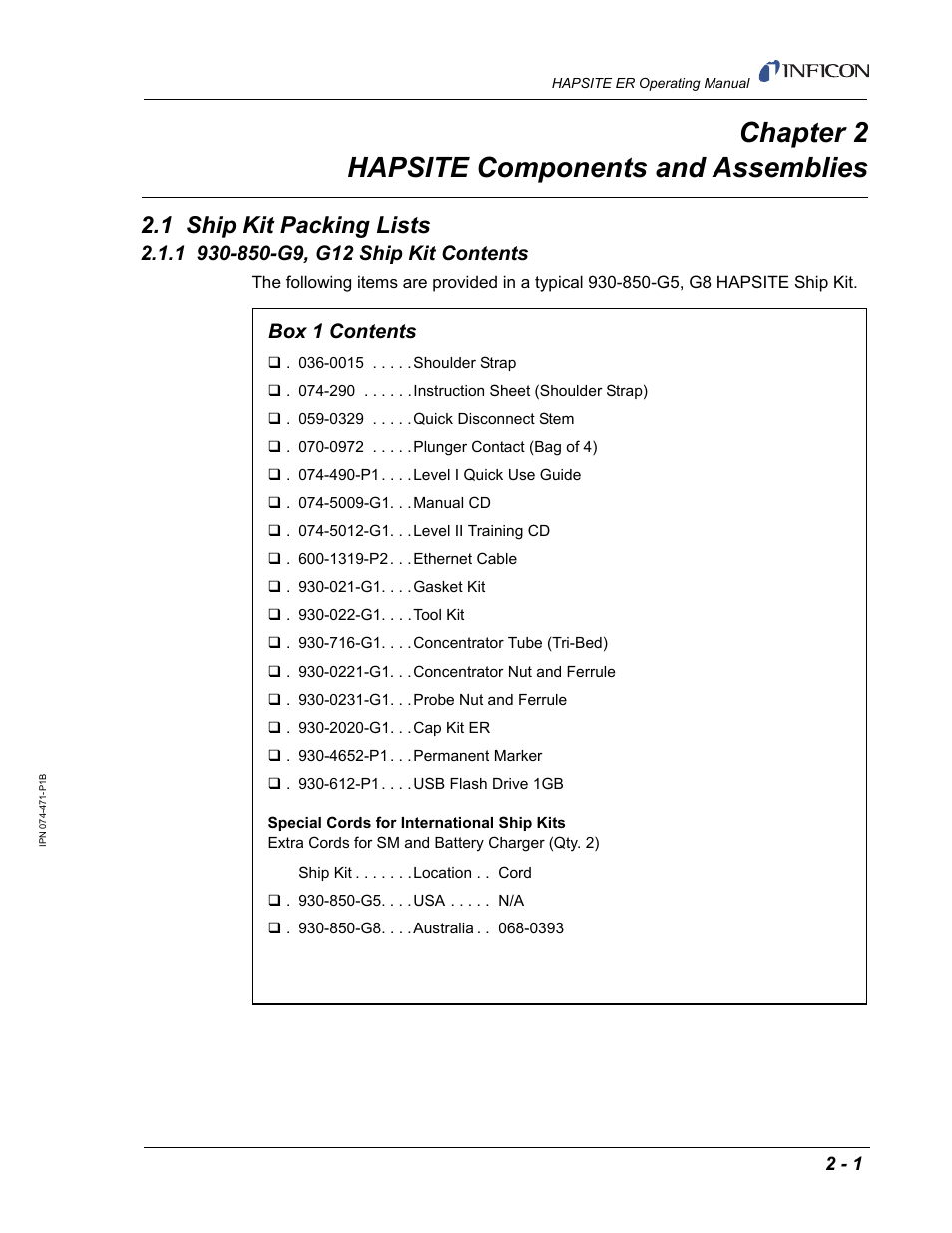 Chapter 2 hapsite components and assemblies, 1 ship kit packing lists, 1 930-850-g9, g12 ship kit contents | Chapter 2, Box 1 contents | INFICON HAPSITE ER Chemical Identification System User Manual | Page 39 / 560