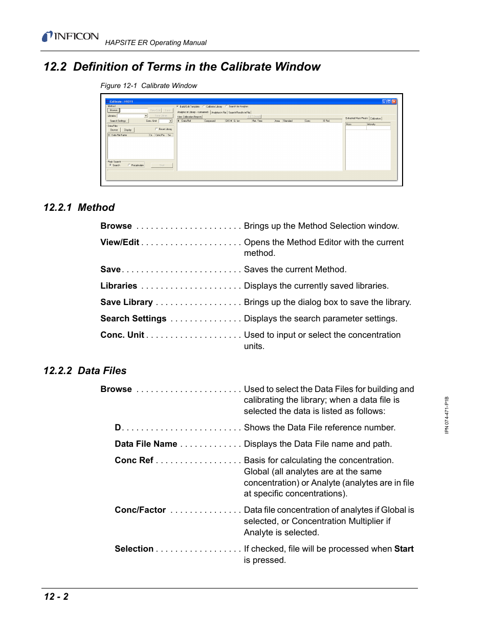 2 definition of terms in the calibrate window, 1 method, 2 data files | INFICON HAPSITE ER Chemical Identification System User Manual | Page 398 / 560