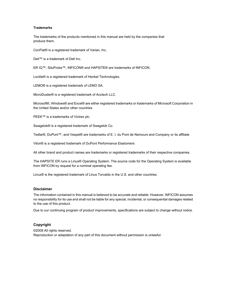 Trademarks | INFICON HAPSITE ER Chemical Identification System User Manual | Page 4 / 560