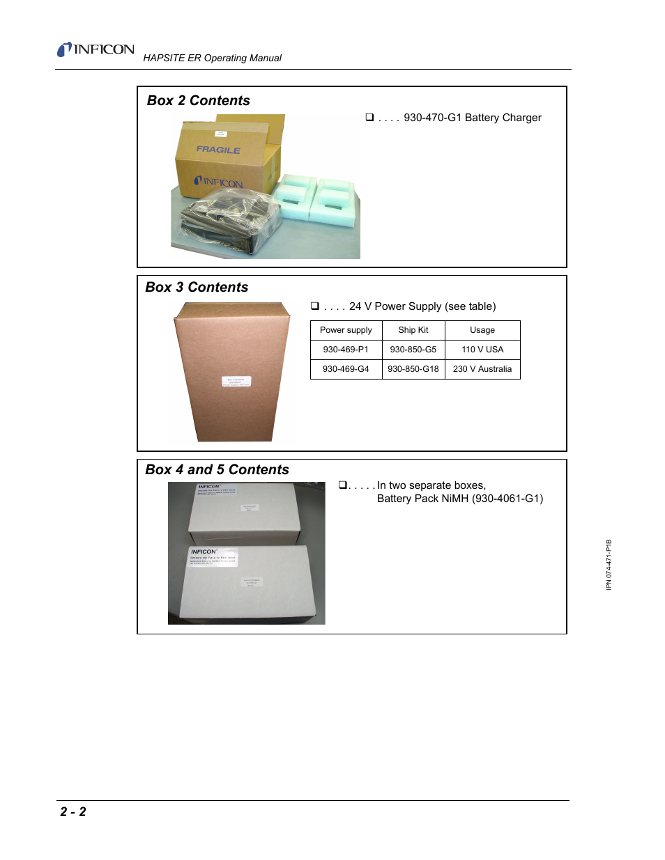 Box 2 contents, Box 3 contents, Box 4 and 5 contents | INFICON HAPSITE ER Chemical Identification System User Manual | Page 40 / 560