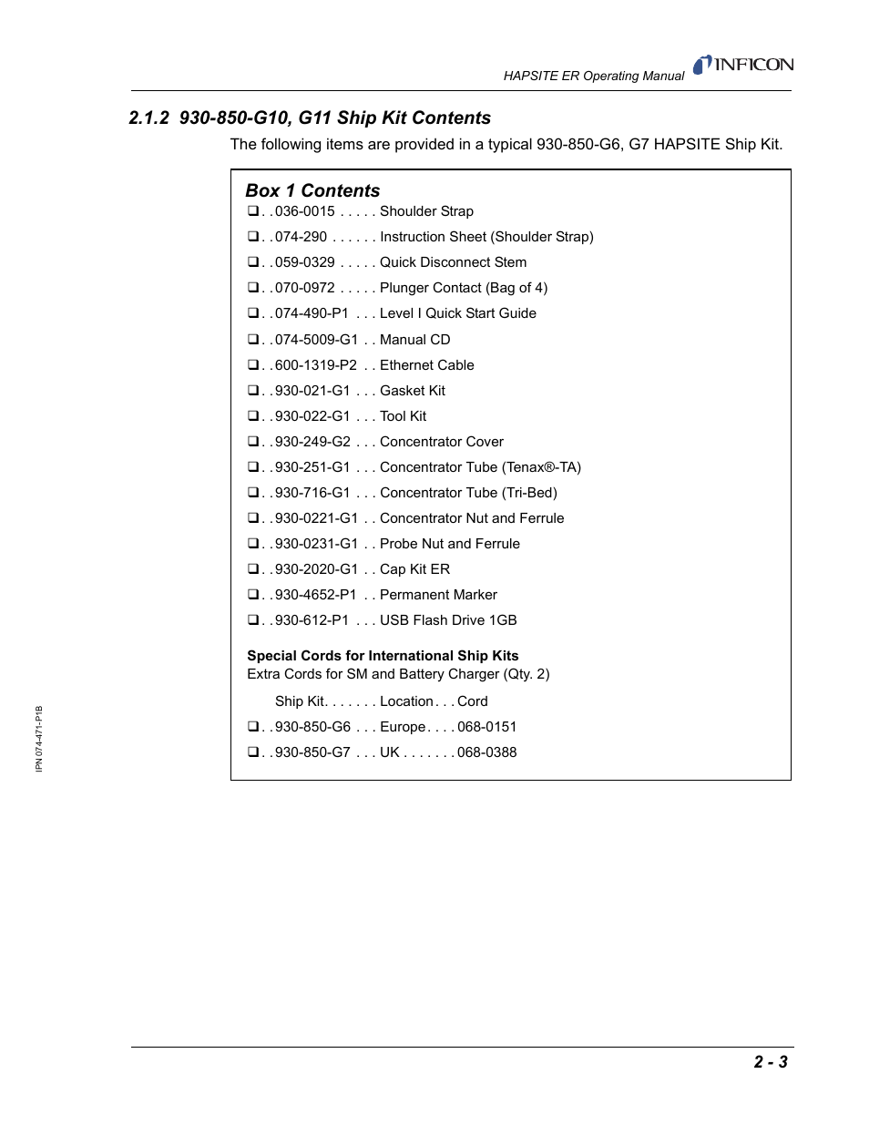 2 930-850-g10, g11 ship kit contents, Box 1 contents | INFICON HAPSITE ER Chemical Identification System User Manual | Page 41 / 560