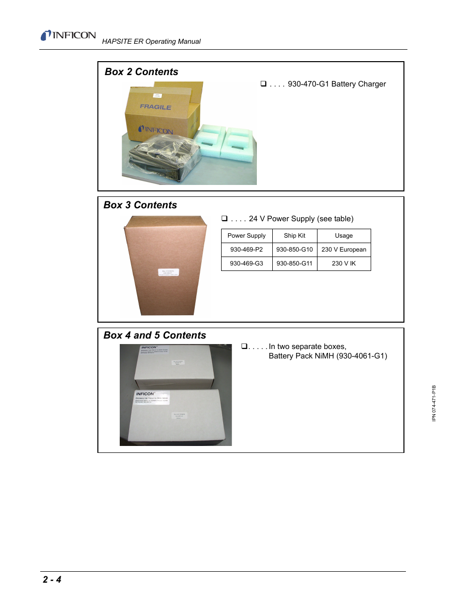 Box 2 contents, Box 3 contents, Box 4 and 5 contents | INFICON HAPSITE ER Chemical Identification System User Manual | Page 42 / 560