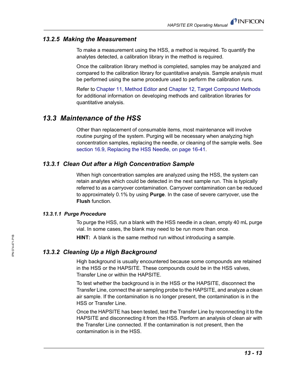 5 making the measurement, 3 maintenance of the hss, 1 clean out after a high concentration sample | 1 purge procedure, 2 cleaning up a high background | INFICON HAPSITE ER Chemical Identification System User Manual | Page 429 / 560