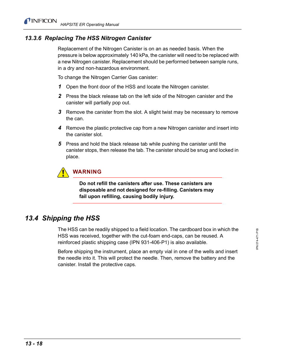 6 replacing the hss nitrogen canister, 4 shipping the hss | INFICON HAPSITE ER Chemical Identification System User Manual | Page 434 / 560