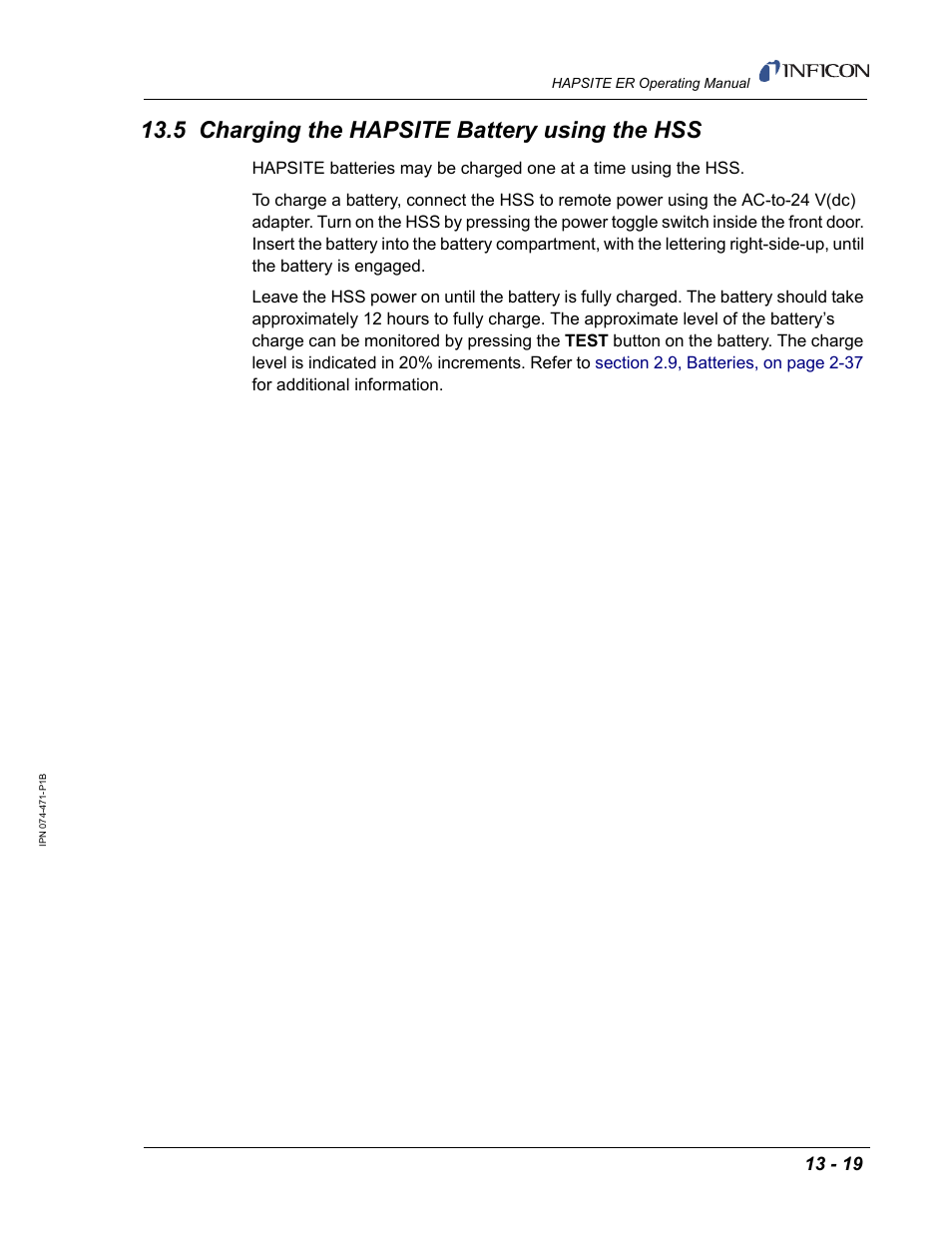 5 charging the hapsite battery using the hss | INFICON HAPSITE ER Chemical Identification System User Manual | Page 435 / 560