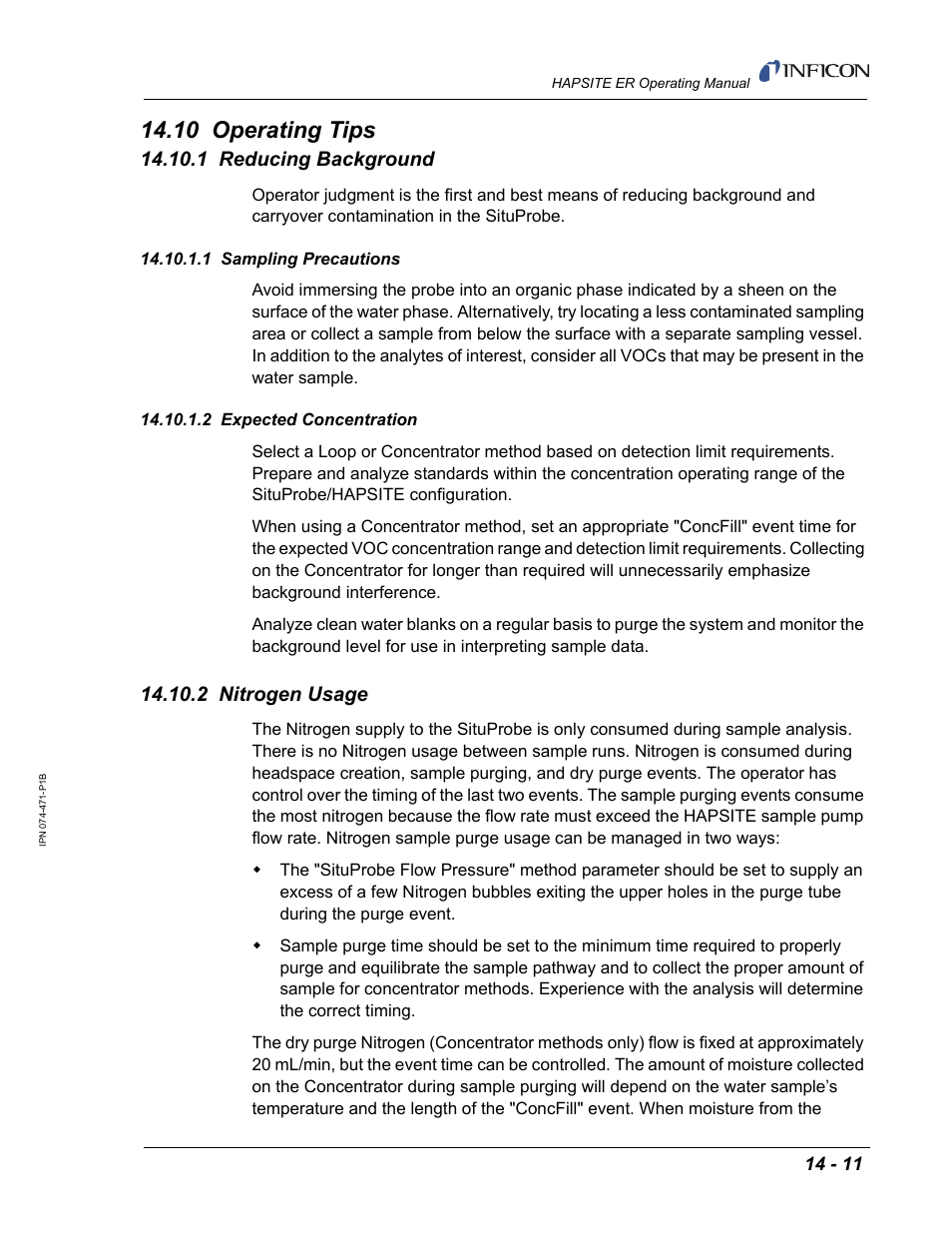 10 operating tips, 1 reducing background, 1 sampling precautions | 2 expected concentration, 2 nitrogen usage | INFICON HAPSITE ER Chemical Identification System User Manual | Page 447 / 560