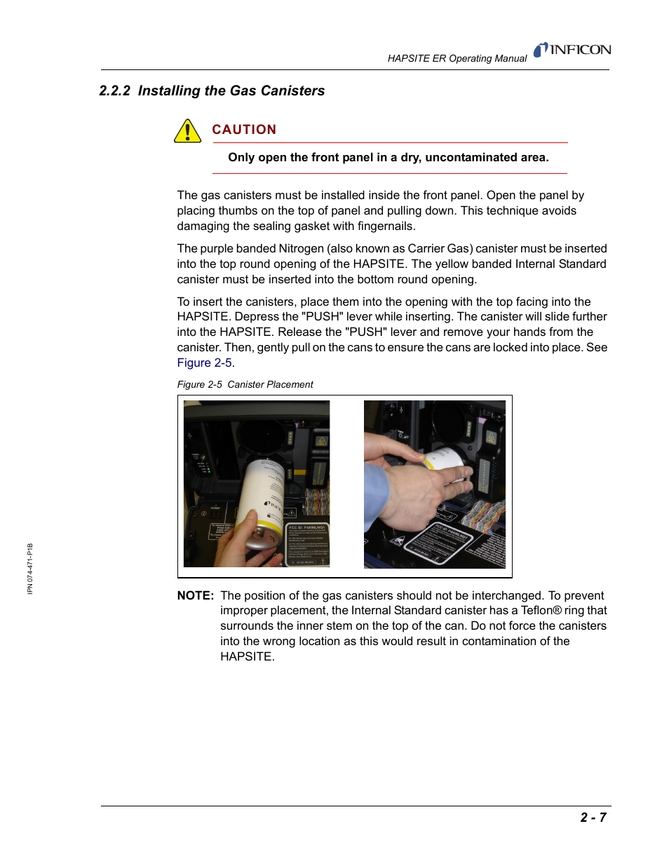 2 installing the gas canisters, Caution | INFICON HAPSITE ER Chemical Identification System User Manual | Page 45 / 560