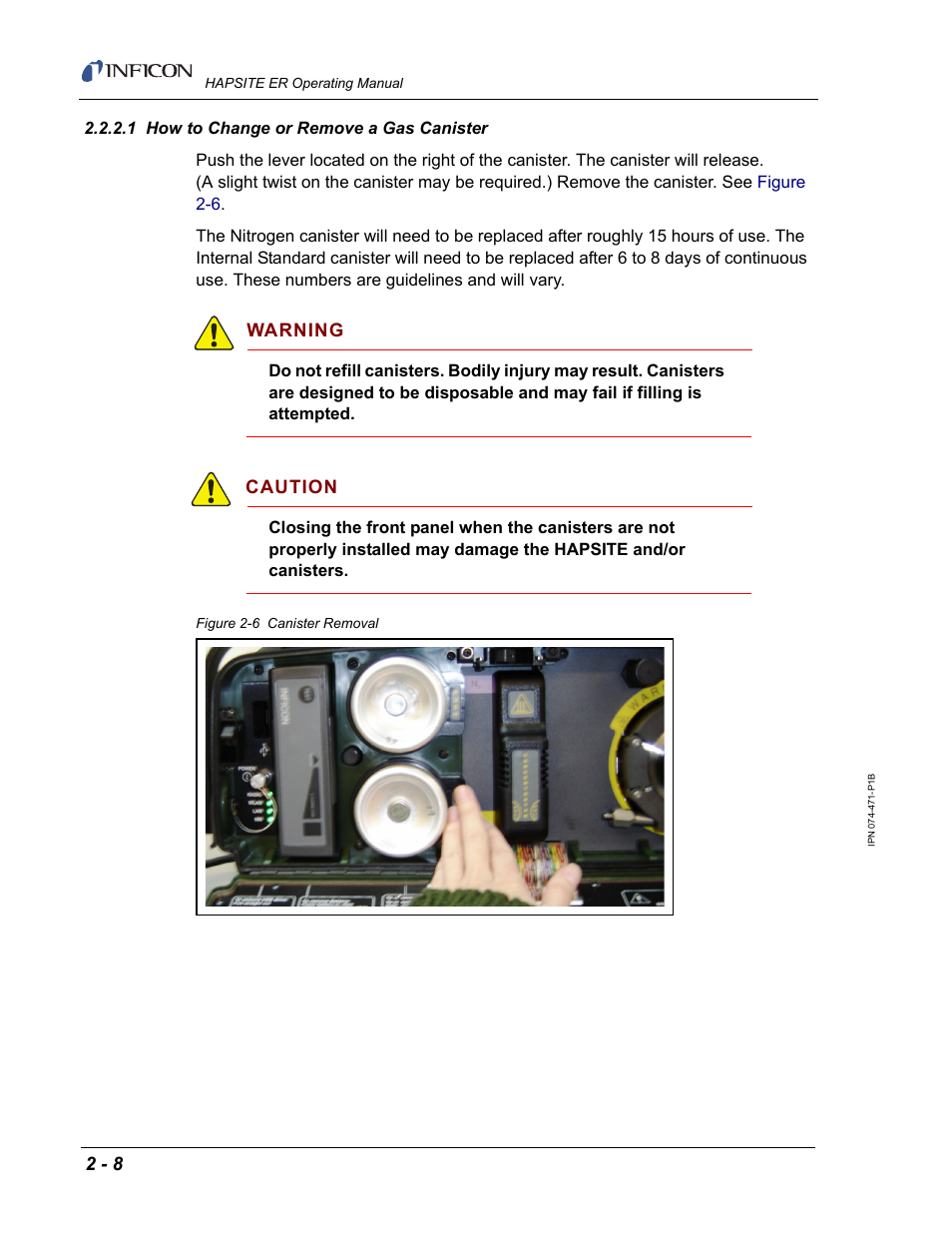 1 how to change or remove a gas canister, Warning, Caution | INFICON HAPSITE ER Chemical Identification System User Manual | Page 46 / 560