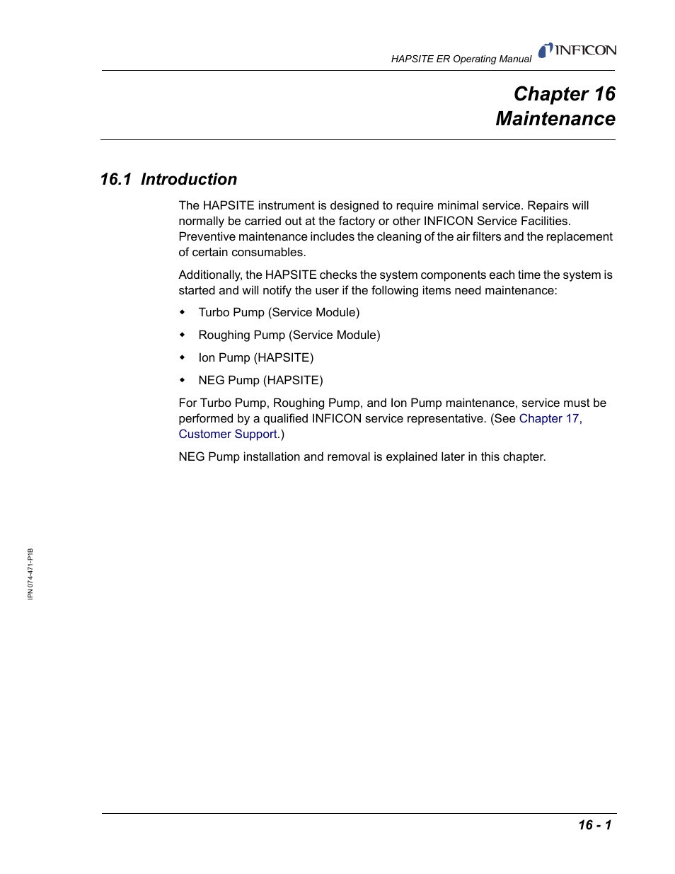 Chapter 16 maintenance, 1 introduction, Chapter 16 | Chapter 16, maintenance | INFICON HAPSITE ER Chemical Identification System User Manual | Page 477 / 560