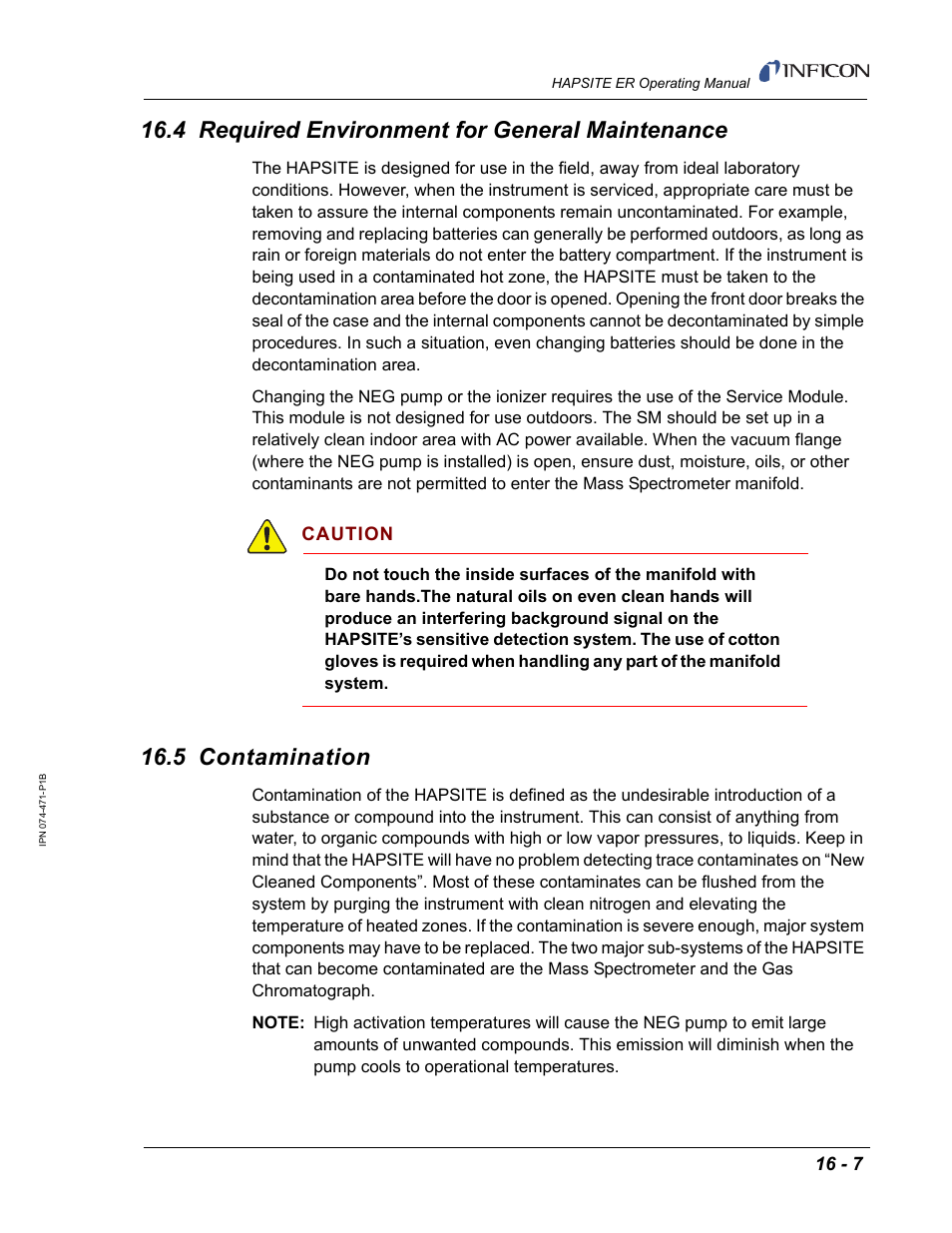 4 required environment for general maintenance, 5 contamination, 21a. see | Section 16.5, Caution | INFICON HAPSITE ER Chemical Identification System User Manual | Page 483 / 560