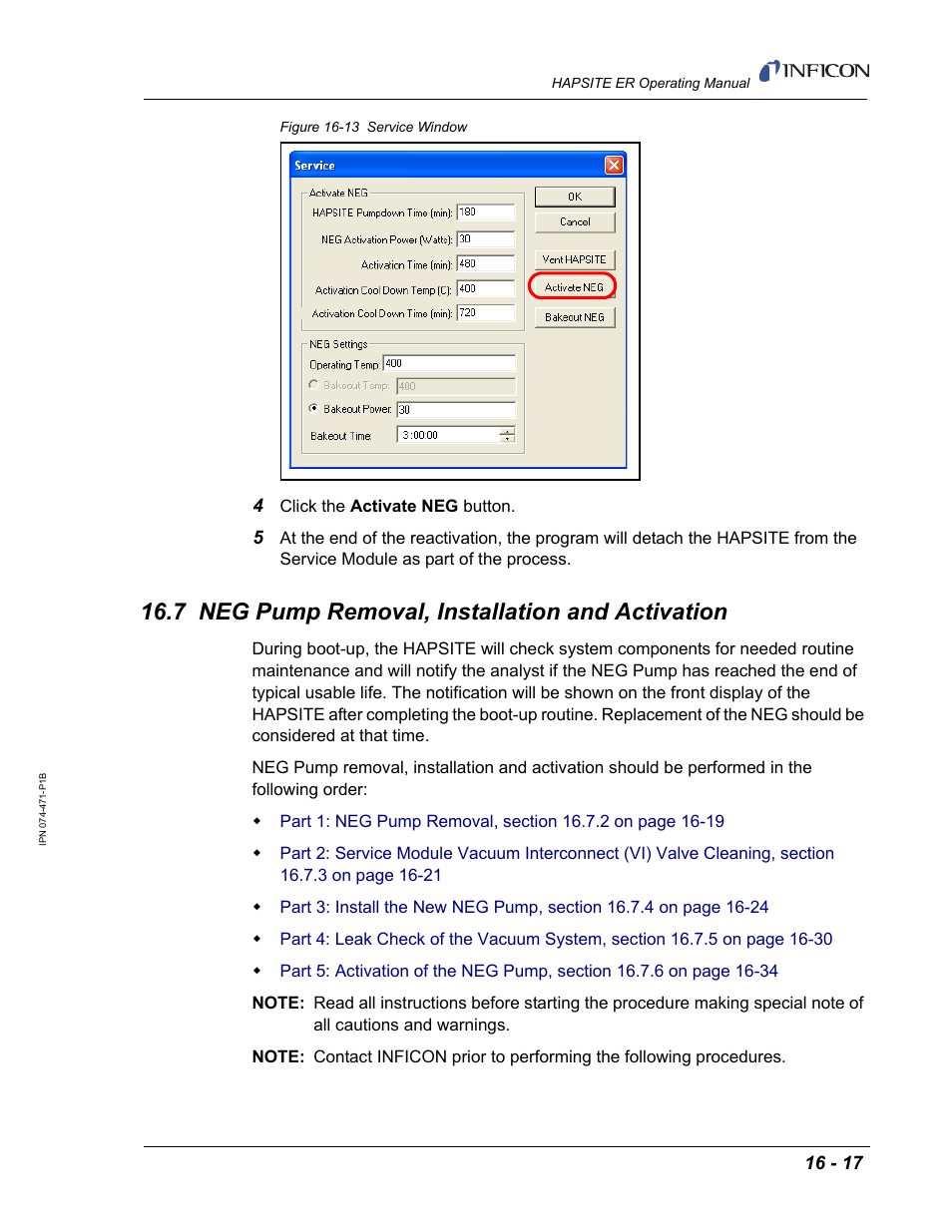 7 neg pump removal, installation and activation, Figure 16-13 | INFICON HAPSITE ER Chemical Identification System User Manual | Page 493 / 560